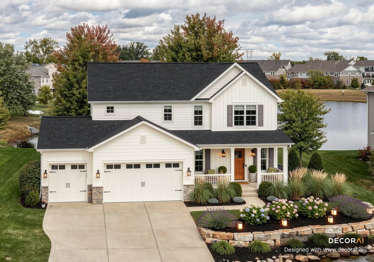 Modern farmhouse house exterior with white siding, stone accents, warm landscaping, and black roof