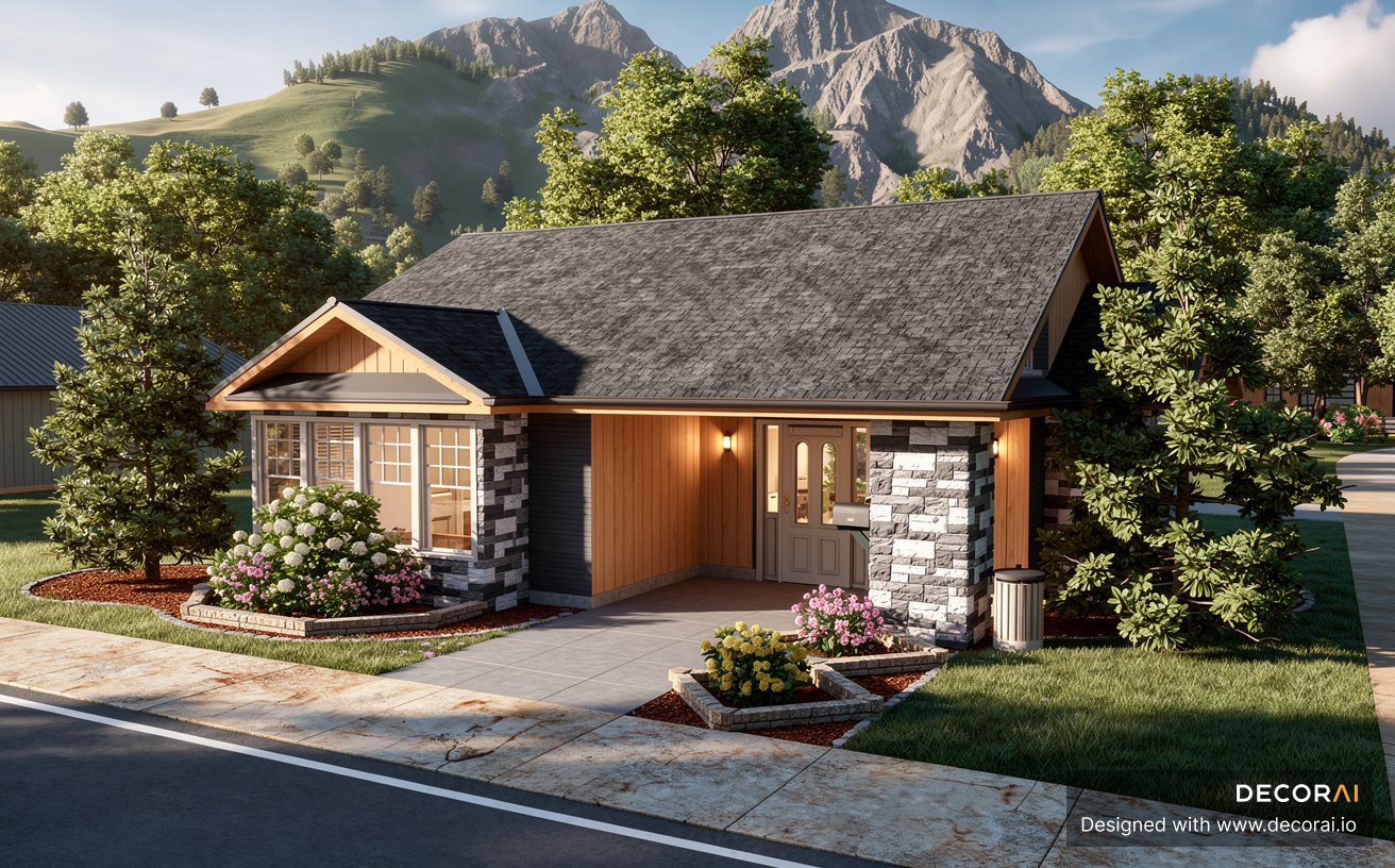 Rustic home exterior with natural stone accents, warm wood siding, mountain backdrop, and realistic landscaping