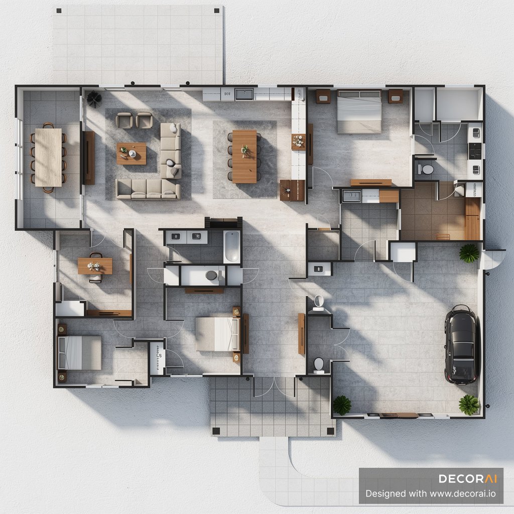 Industrial loft style 3D floor plan render with furnished interiors, open living area, and realistic home layout.