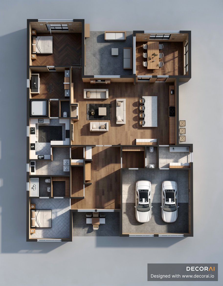 Industrial loft style 3D floor plan render with furnished interiors, open living space, and realistic garage layout