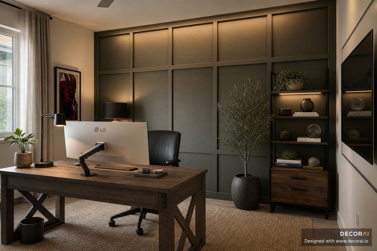 Modern minimalist home office with dark accent wall, warm wood desk, ambient lighting, and refined decor