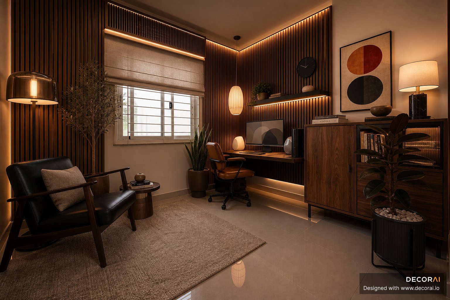 Neo deco home office with walnut slat walls, warm ambient lighting, and luxury workspace styling.