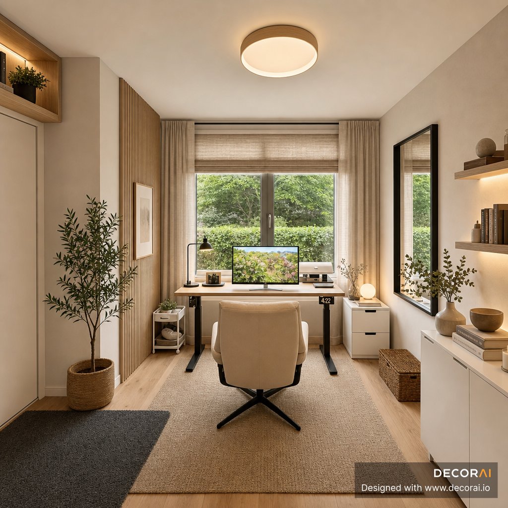 Modern Scandinavian home office with warm wood accents, cozy lighting, and minimalist workspace decor