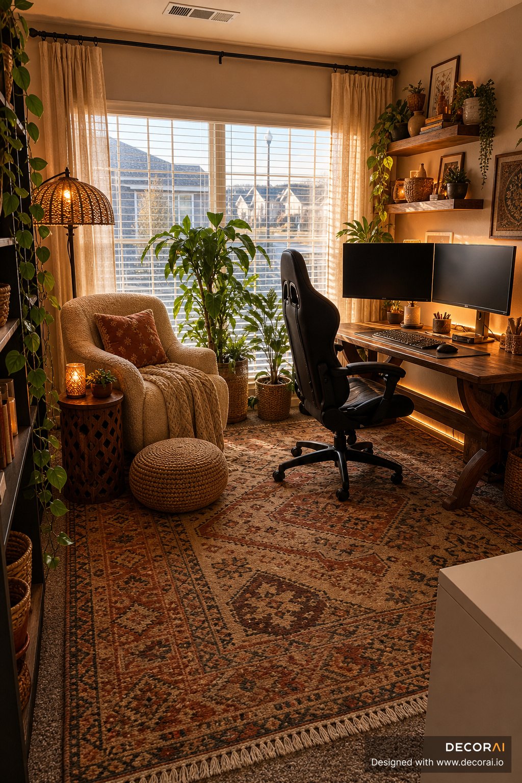 Bohemian home office with layered rugs, warm lighting, indoor plants, and earthy decor