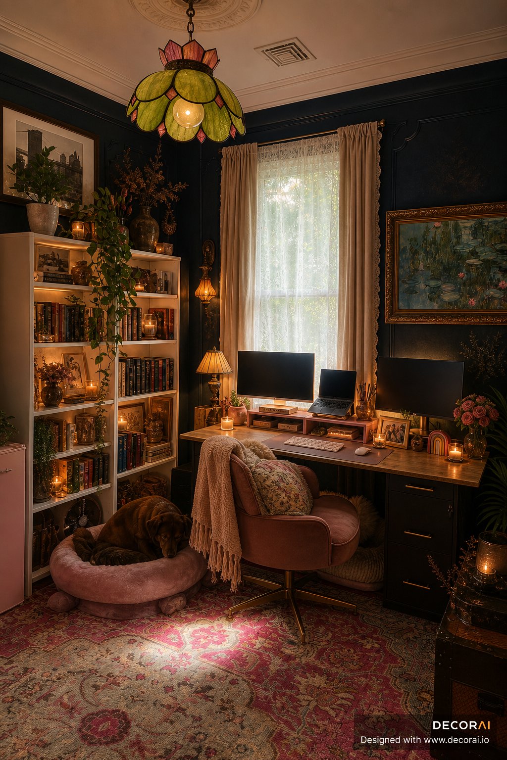 Bohemian home office with warm lighting, vintage decor, layered textiles, and cozy workspace styling