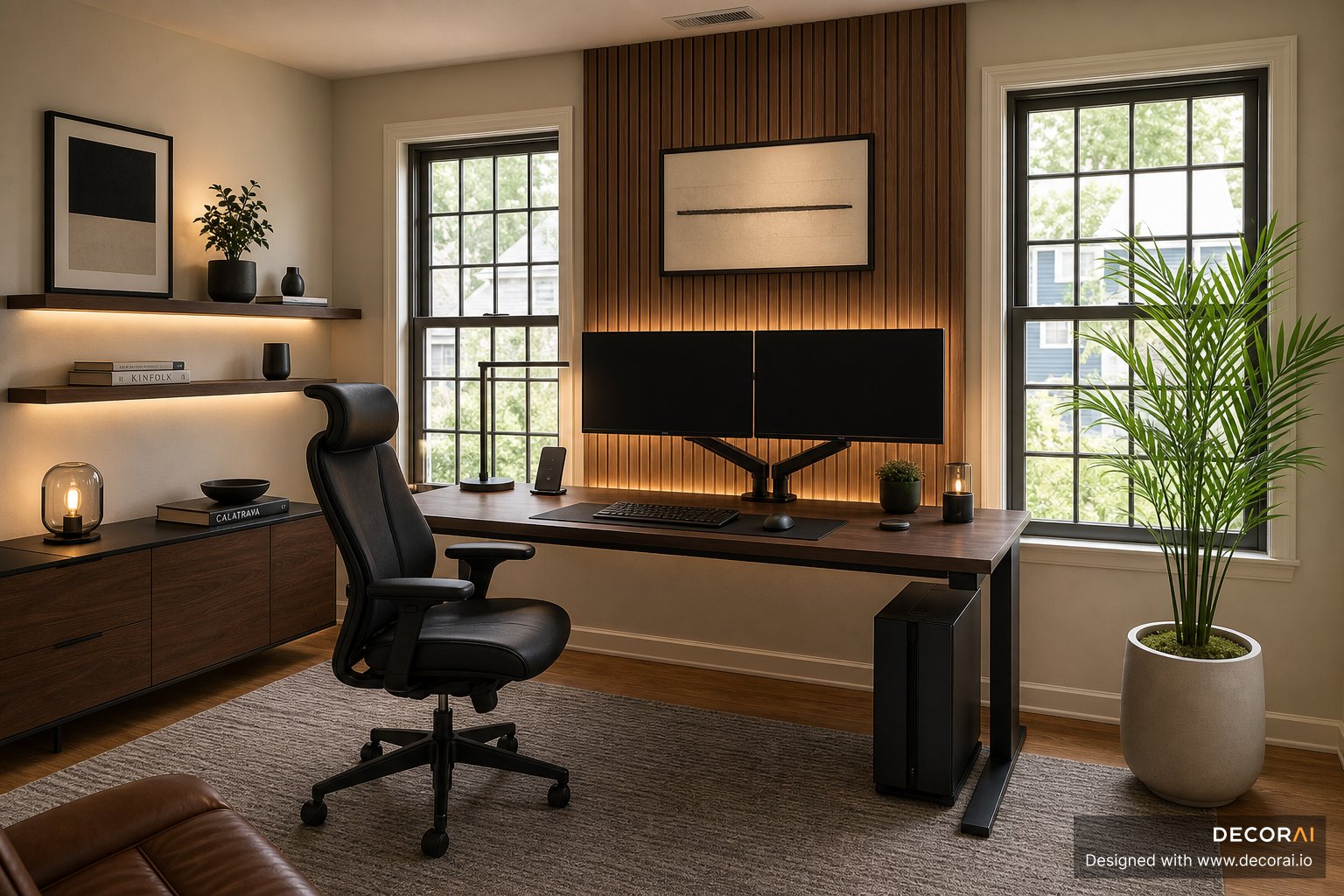 Modern minimalist home office with walnut slat wall, dual monitors, warm lighting, and indoor plant