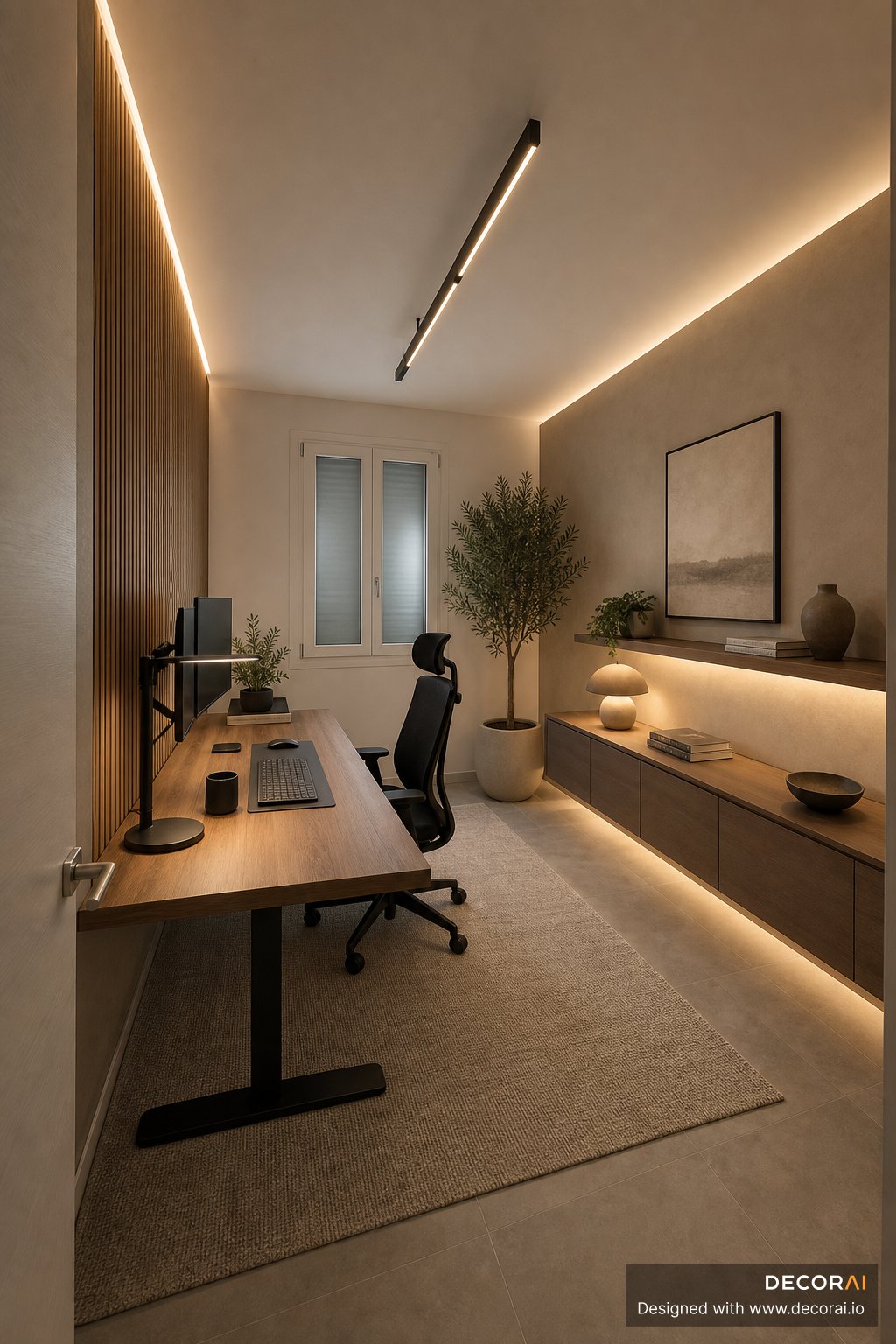 Modern minimalist home office with warm wood accents, ambient lighting, and sleek executive workspace styling