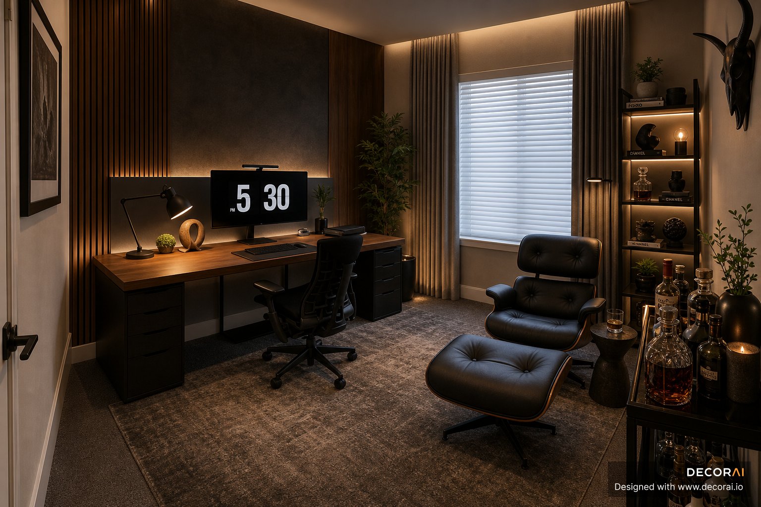Modern home office with walnut accents, ambient lighting, and luxury lounge seating