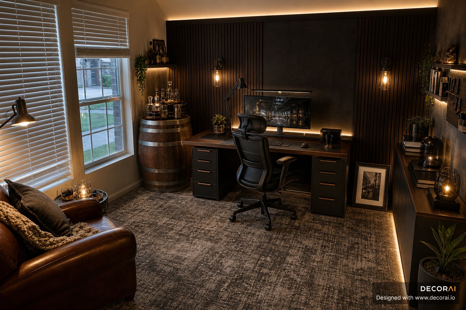 Modern home office with dark wood slat wall, warm lighting, and luxury workspace styling