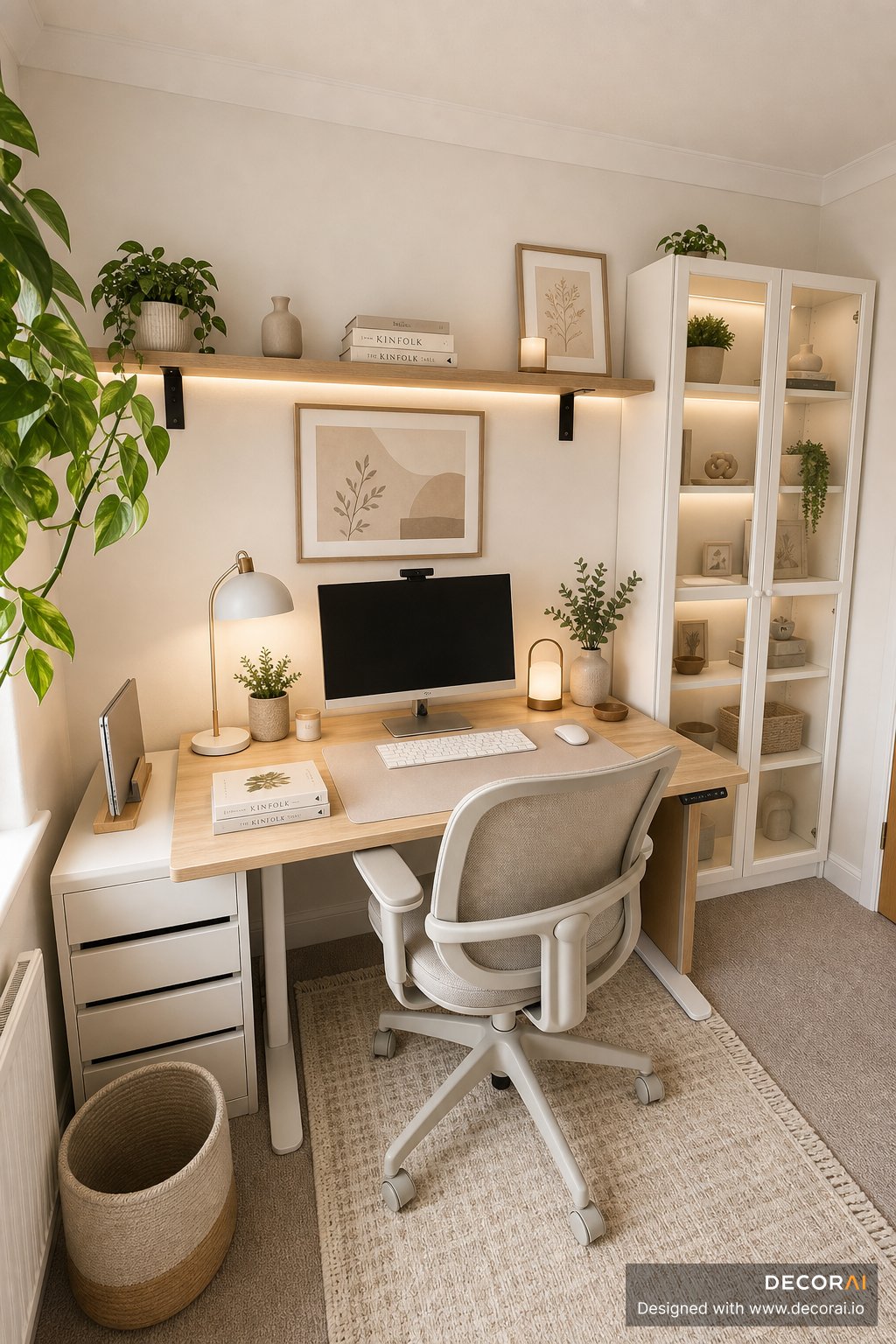 Modern home office with light wood desk, neutral decor, and cozy minimalist styling