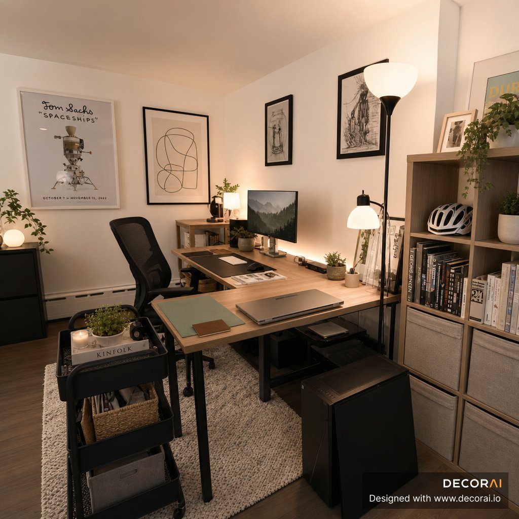 Modern home office with light wood desk, cozy lighting, and minimalist workspace decor