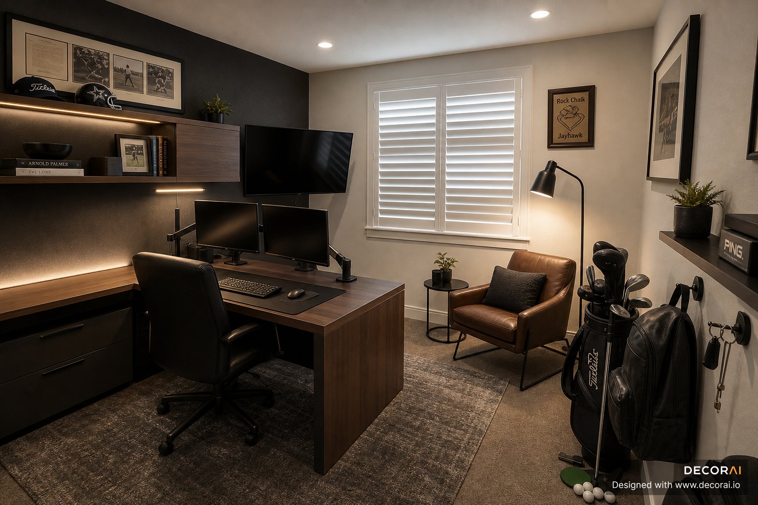Modern minimalist home office with walnut desk, warm lighting, and masculine lounge styling