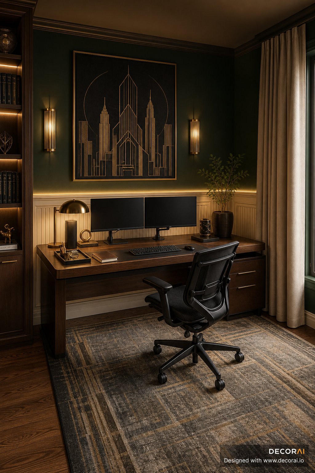 Art Deco home office with dark walls, gold accents, dual monitors, dark wood desk, geometric skyline artwork, and ambient lighting.