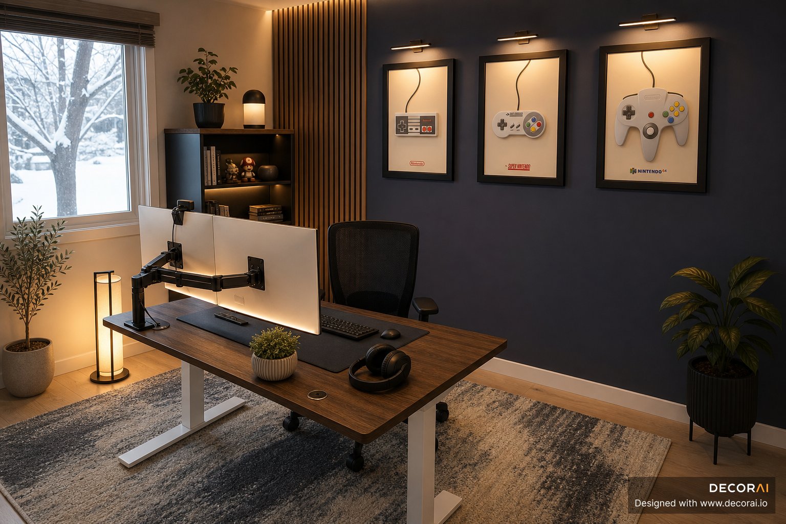 Modern Scandinavian gamer home office with warm wood finishes, ambient lighting, and refined gaming decor