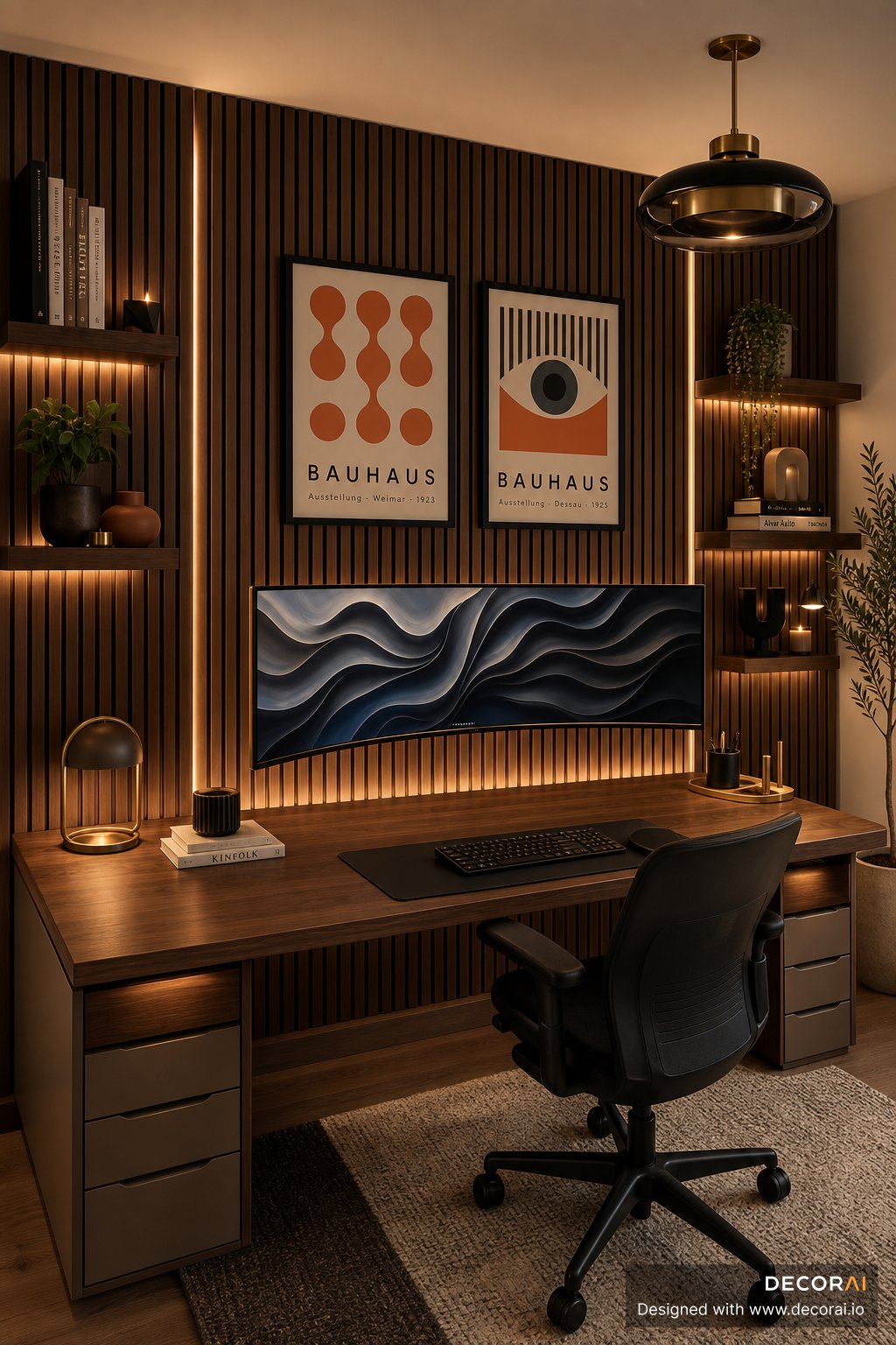 Luxury Modern home office with walnut slat walls, ambient lighting, and Bauhaus-inspired decor