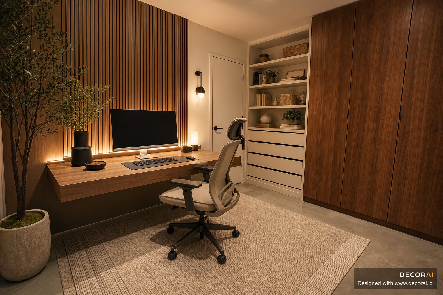 Japandi minimalist home office with walnut wood slat wall, warm lighting, and modern neutral decor