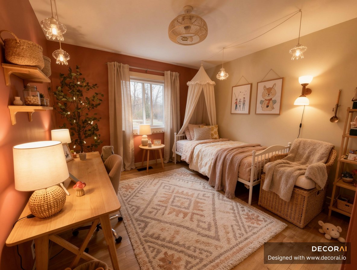 Scandinavian kids bedroom with canopy bed, neutral textiles, light wood accents, and patterned rug.