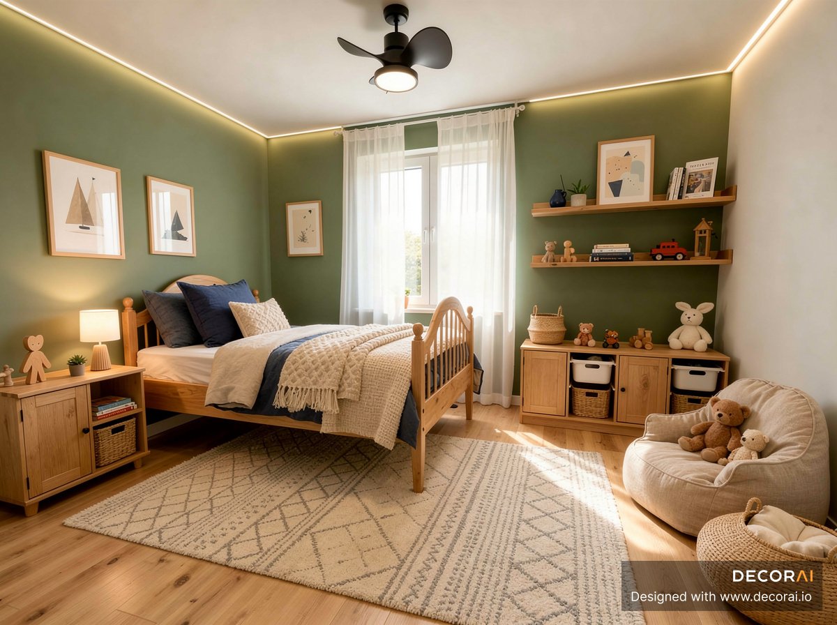 Modern Scandinavian kids bedroom with sage green walls, oak furniture, woven rug, floating shelves, and soft daylight