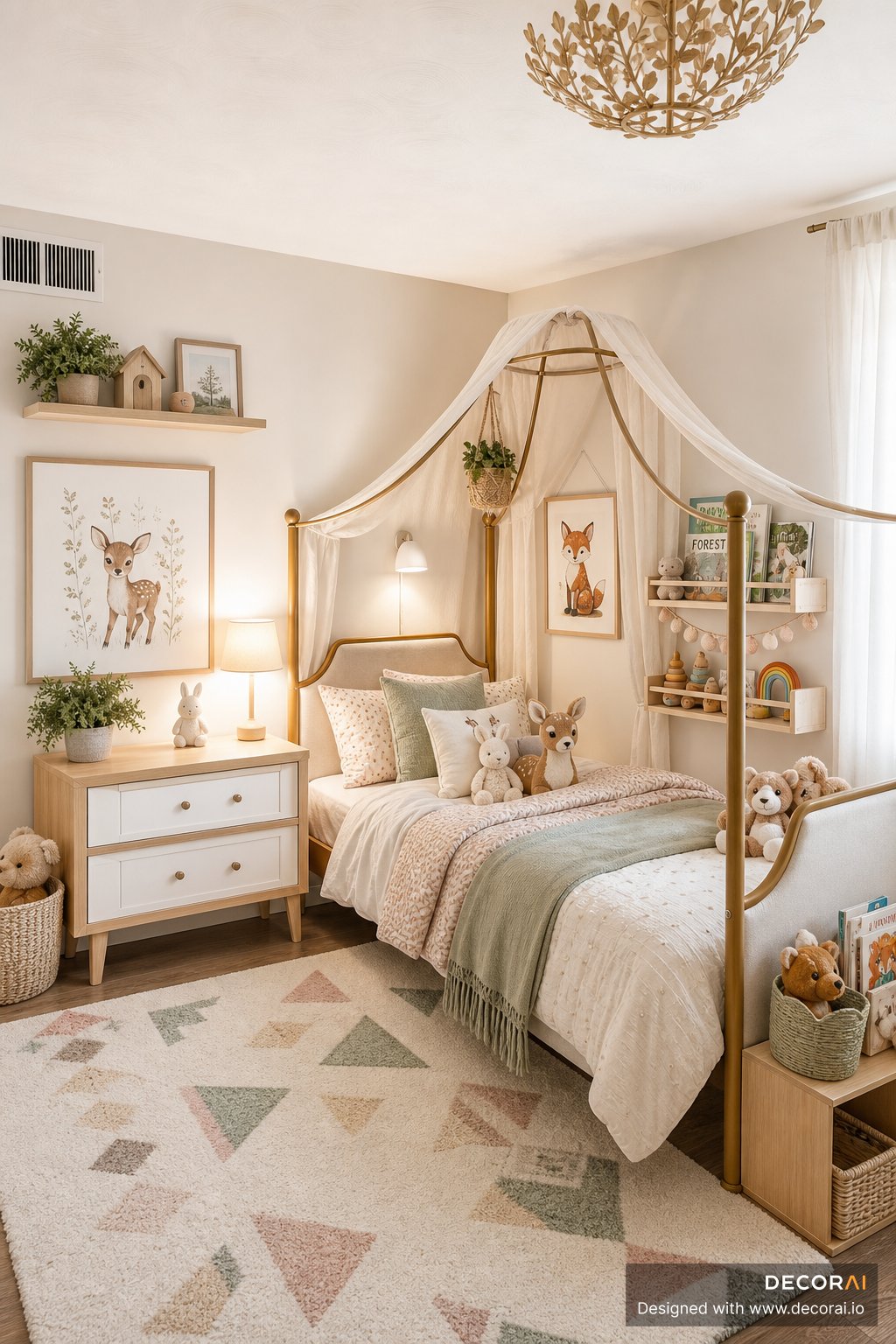 Modern Scandinavian kids bedroom with blush and sage tones, canopy bed, woodland decor, and floating wall shelves