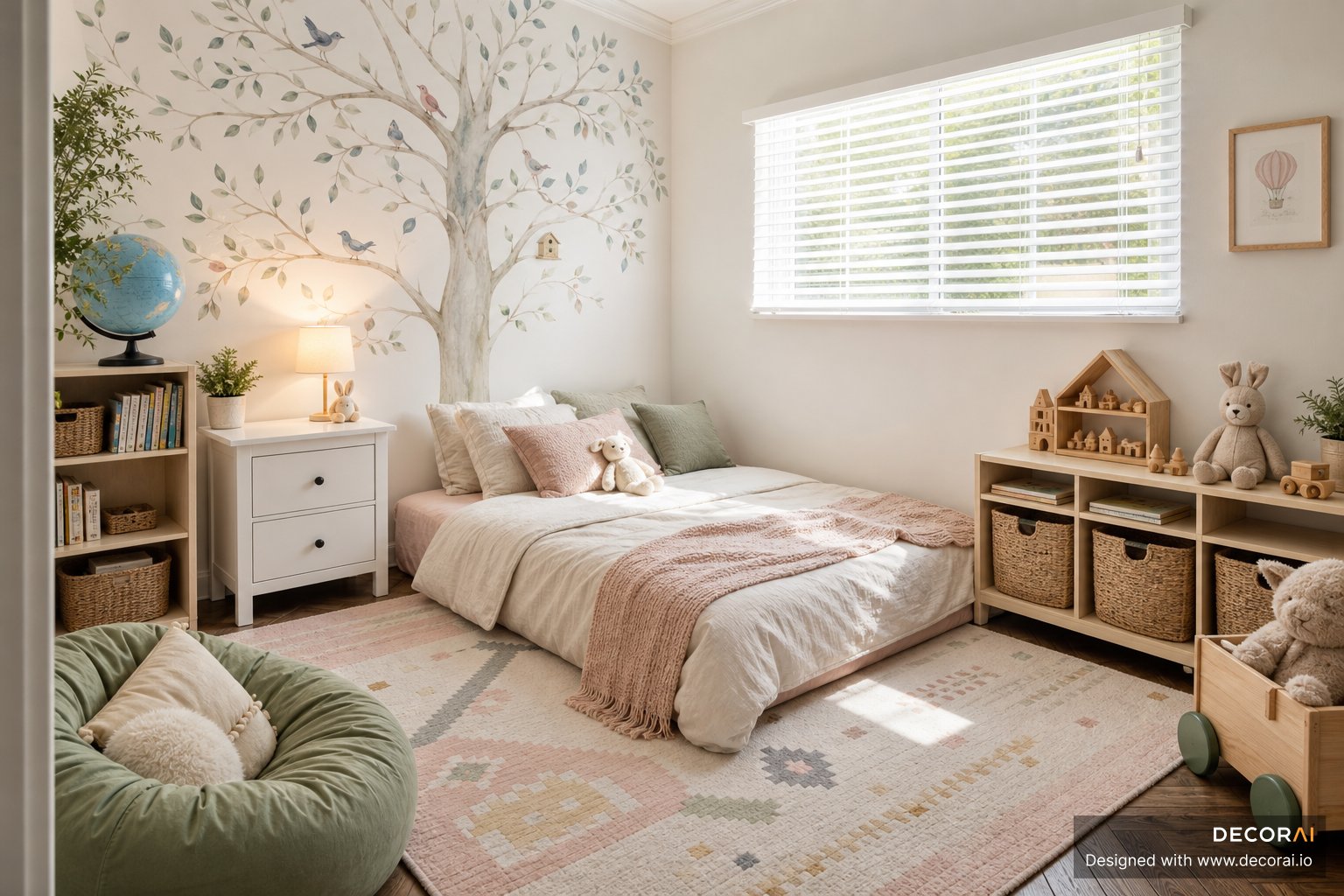 Modern Scandinavian kids bedroom with woodland mural, blush bedding, woven storage baskets, and soft sage accents