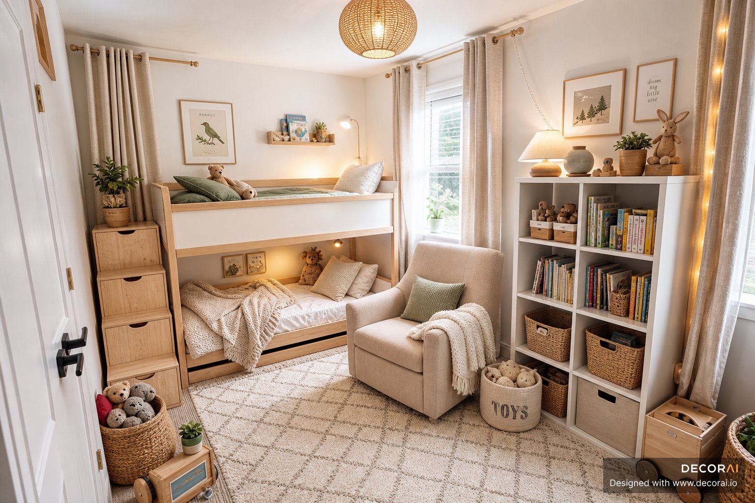 Modern Scandinavian kids bedroom with storage bunk stairs, armchair, woven baskets, rattan pendant, and stuffed toys