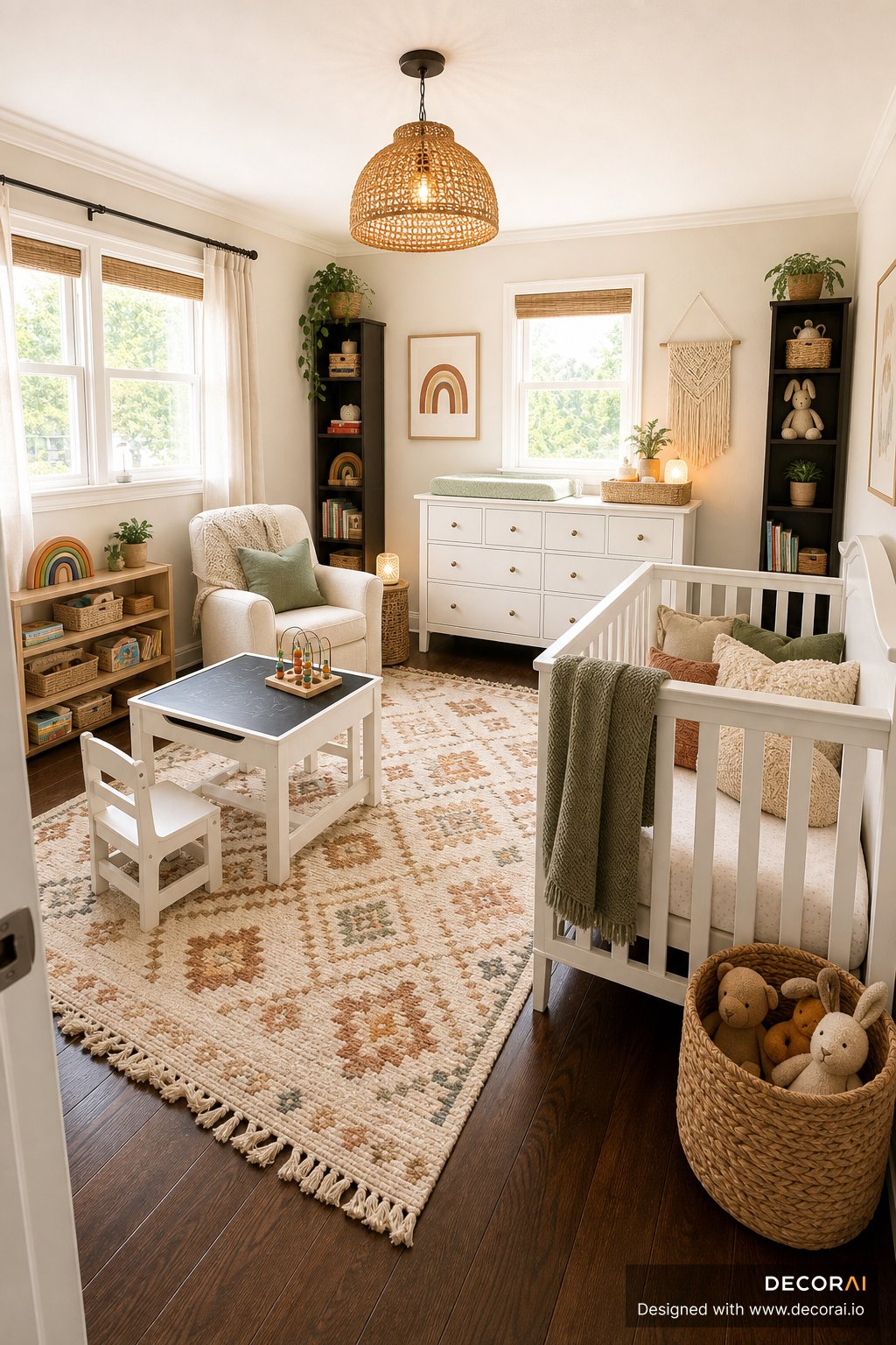 Bohemian kids bedroom with rainbow decor, woven storage baskets, crib, patterned rug, and cozy reading chair.
