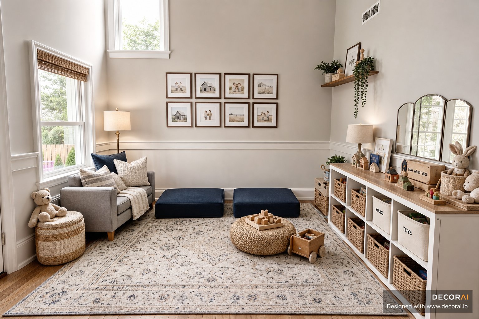 Modern Farmhouse kids playroom with woven toy storage, cozy reading chair, floor cushions, and neutral patterned rug.