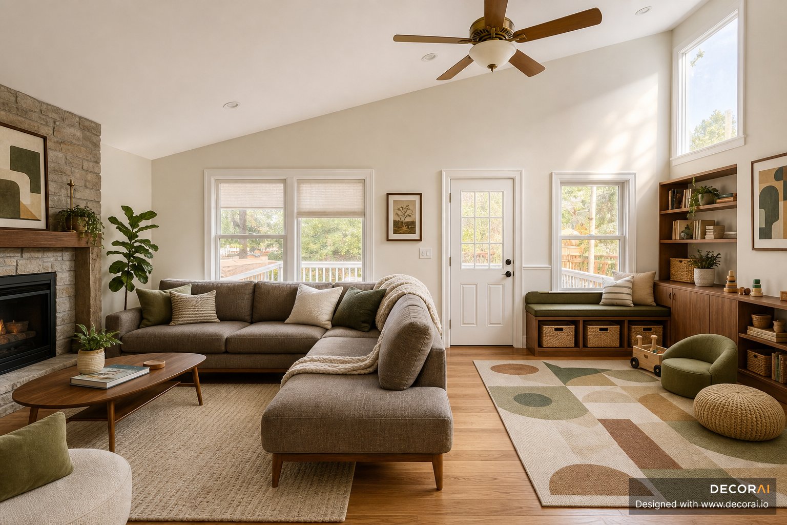 Modern Scandinavian family living room with built in toy storage, geometric rug, walnut finishes, and sectional seating.