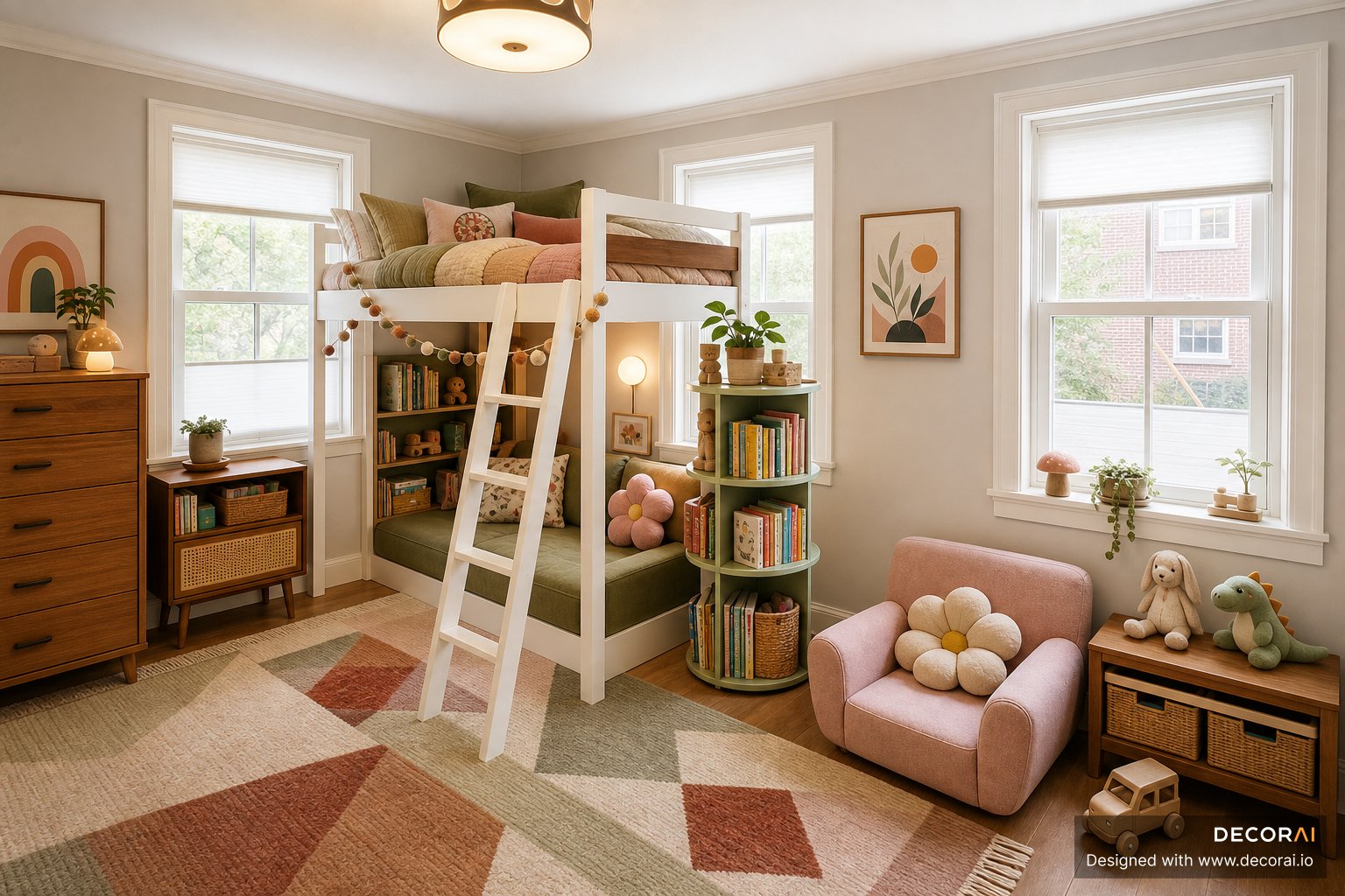Mid-Century Modern kids bedroom with loft bed reading nook, blush chair, geometric rug, and built in book storage