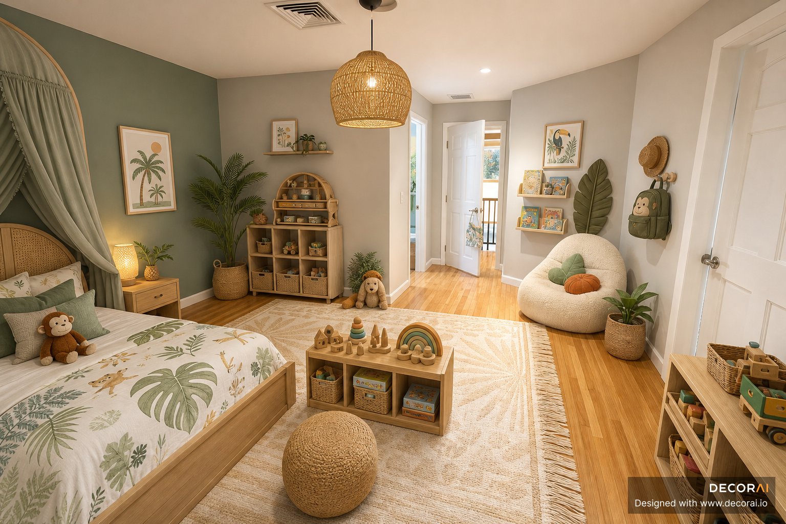 Modern Scandinavian kids bedroom with rattan storage, tropical bedding, woven pendant light, and cozy play area.