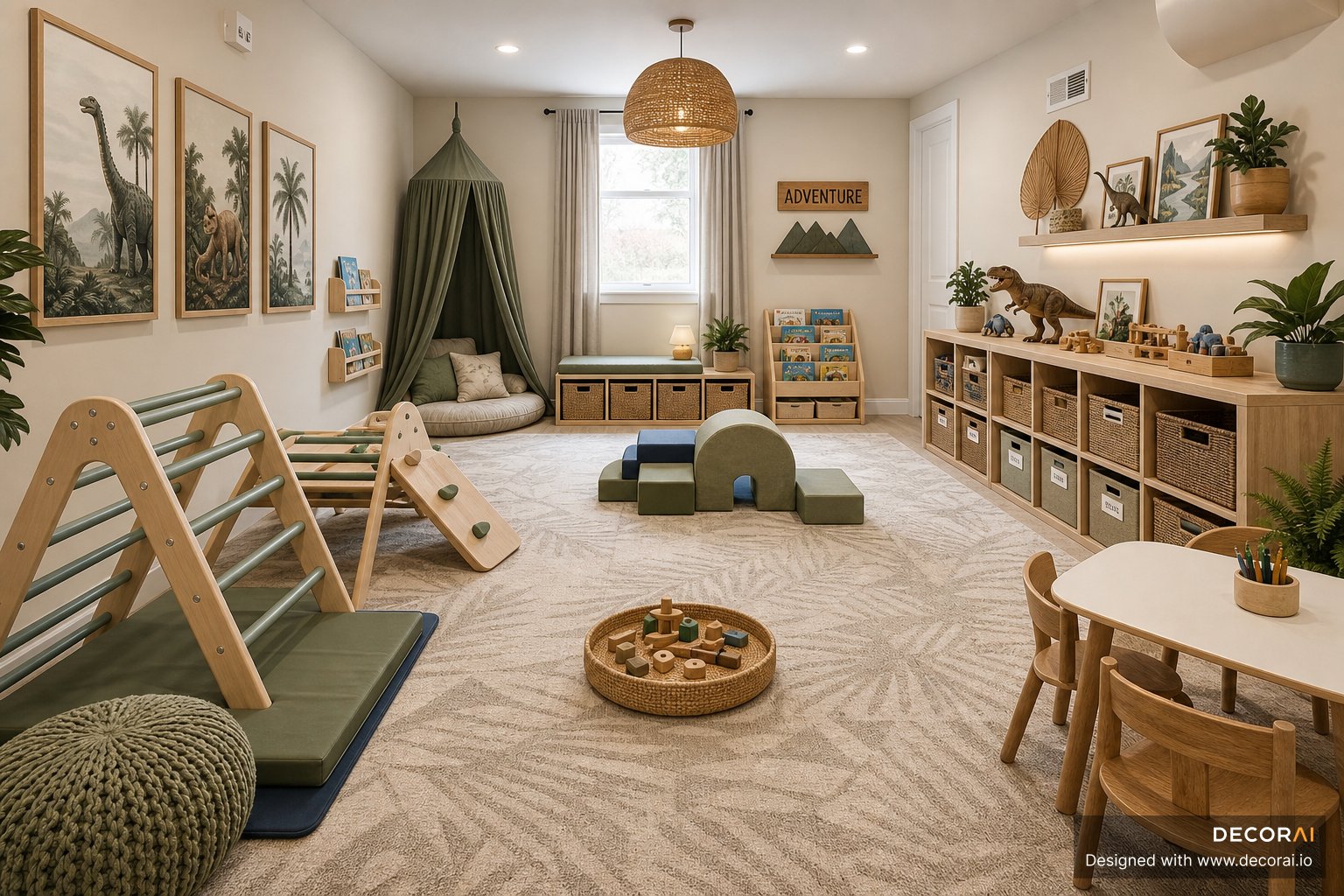 Modern Scandinavian playroom with sage green accents, Montessori climbing toy, woven storage baskets, dinosaur decor, and cozy reading nook.