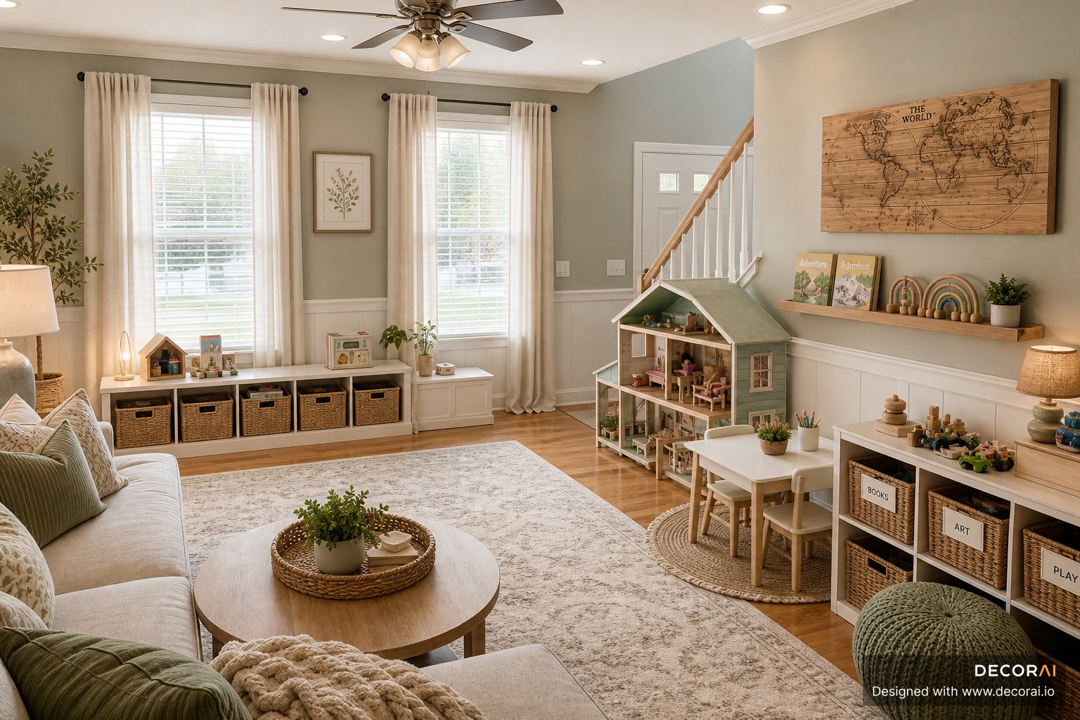 Family living room play area with dollhouse, kids desk, storage bins, gray walls, and hardwood flooring
