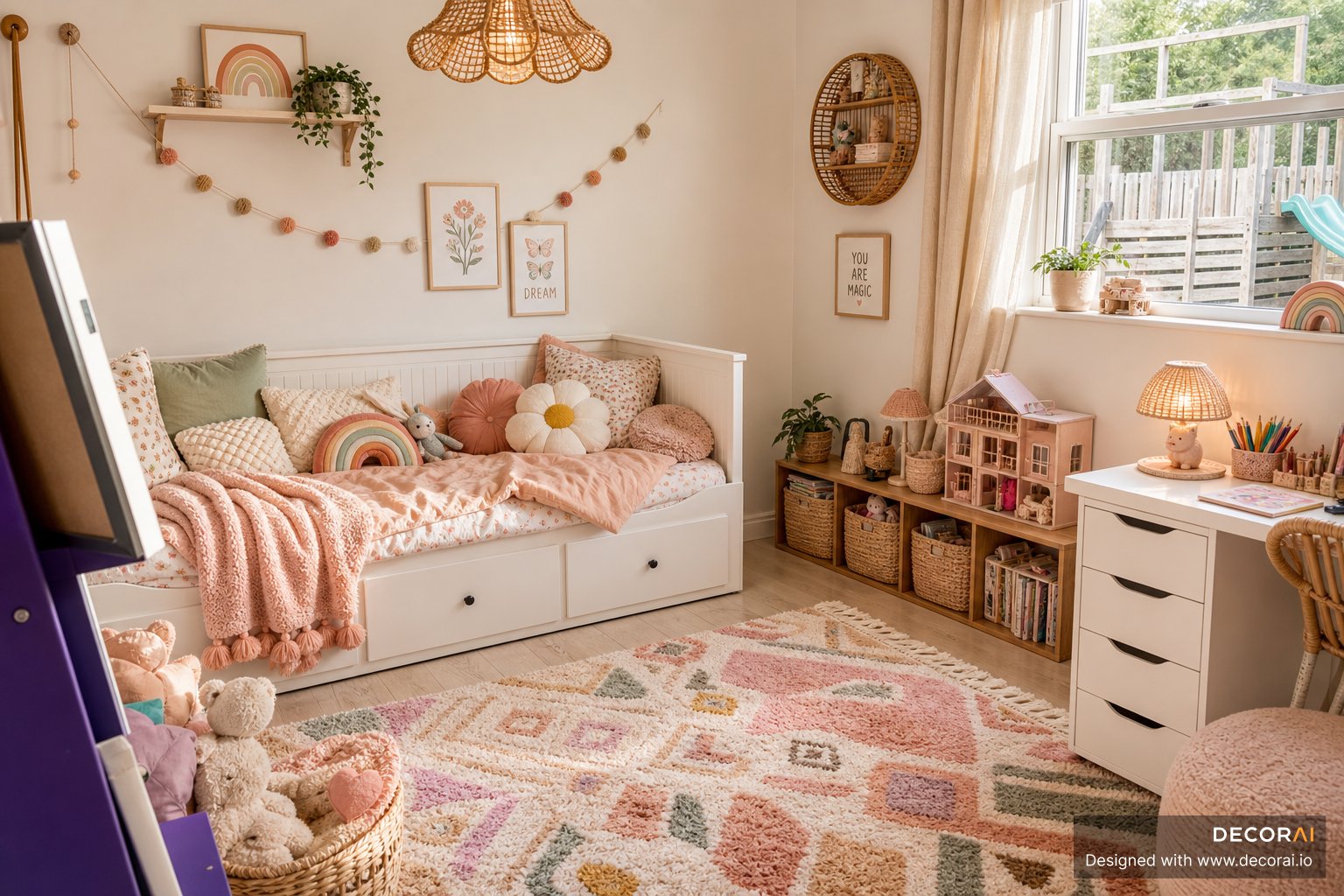 Boho kids bedroom with peach bedding, woven decor, dollhouse storage, and pastel patterned rug