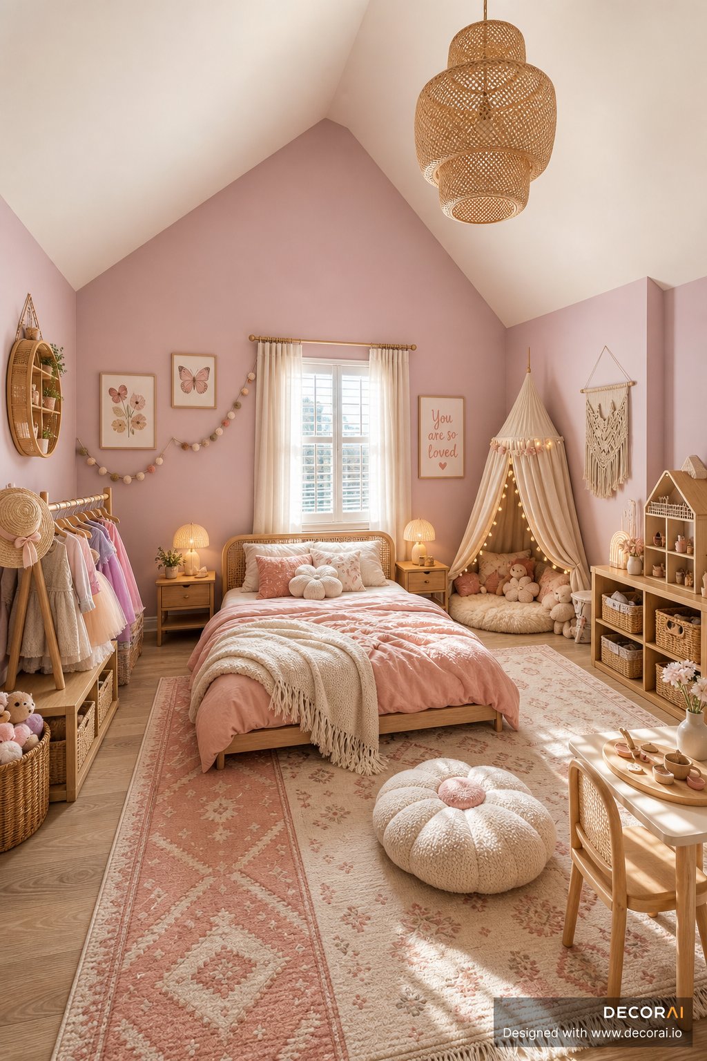 Bohemian kids bedroom with blush pink walls, canopy reading nook, woven decor, and dollhouse storage shelving