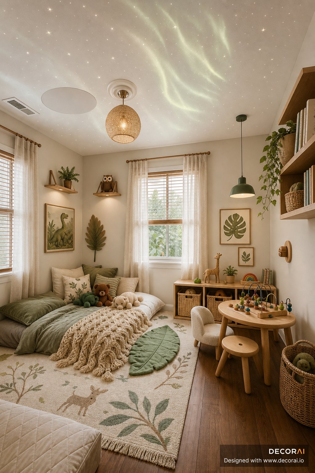 Modern Scandinavian kids bedroom with sage-green bedding, woven toy storage, woodland decor, and toddler play table