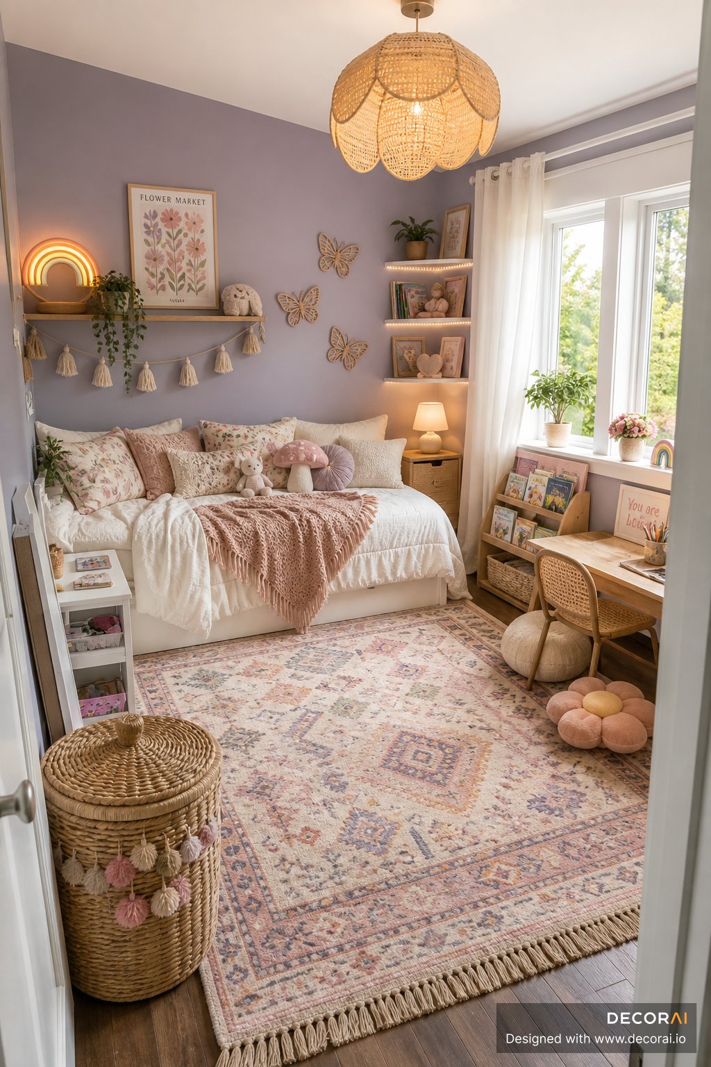 Bohemian kids bedroom with lavender walls, layered bedding, woven decor, reading desk, and pastel patterned rug
