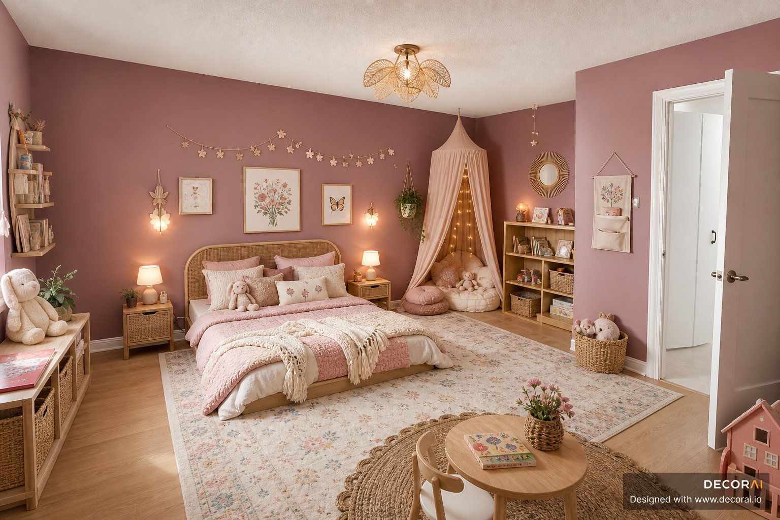 Bohemian kids bedroom with mauve walls, canopy reading nook, woven decor, layered bedding, and open toy shelving