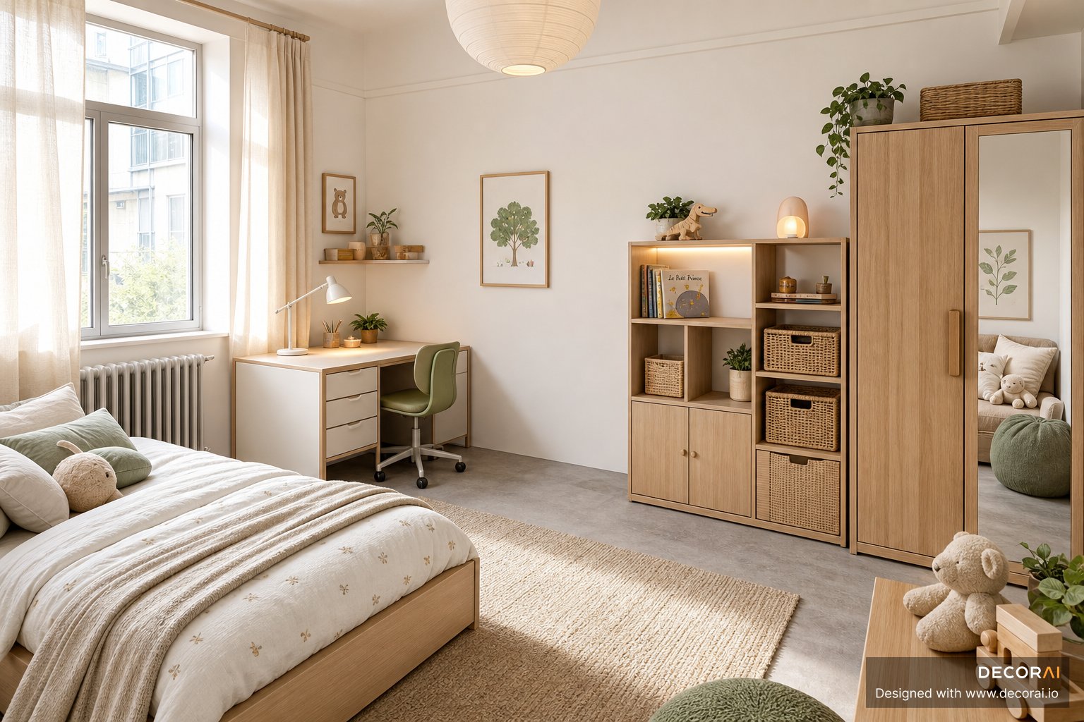 Scandinavian kids bedroom with light wood furniture, woven storage baskets, soft neutral bedding, study desk, and natural daylight.