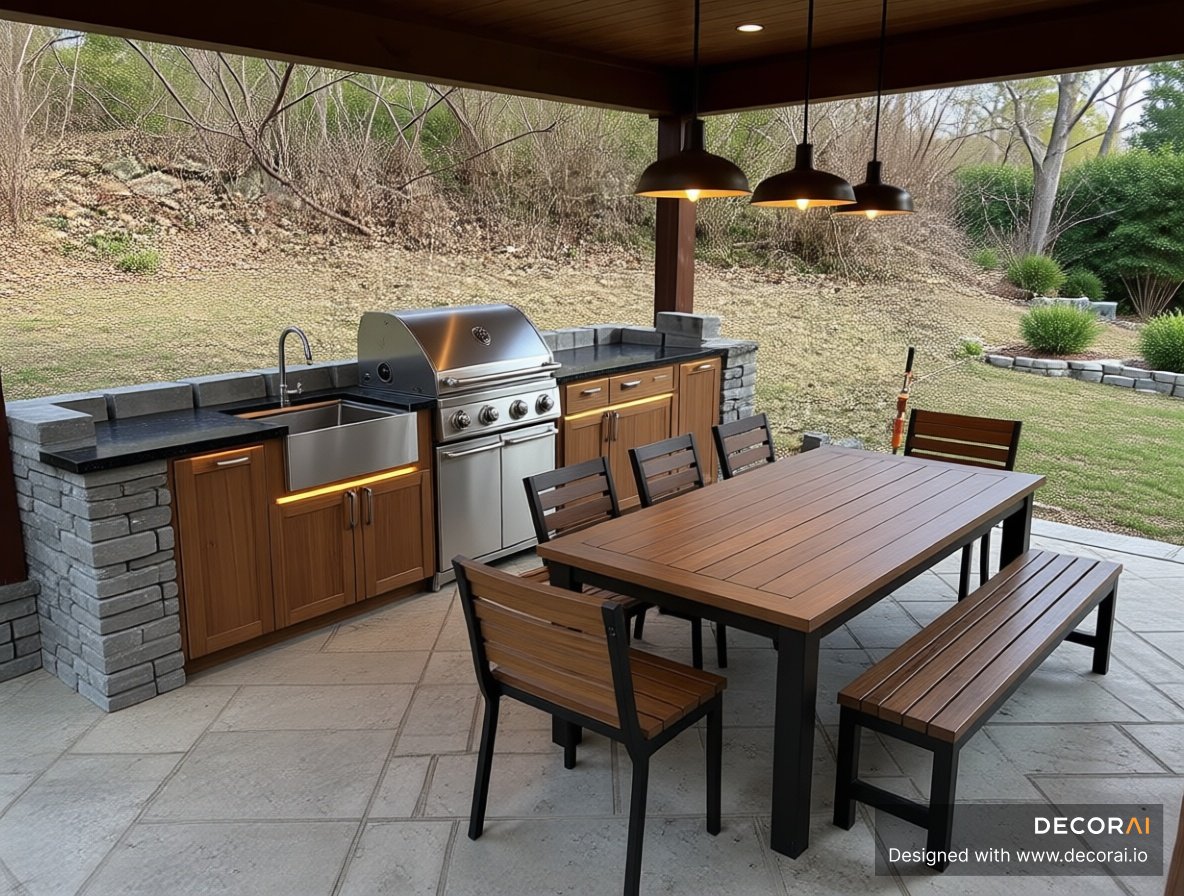 Contemporary outdoor kitchen with wood cabinetry, stainless steel grill, and covered dining area