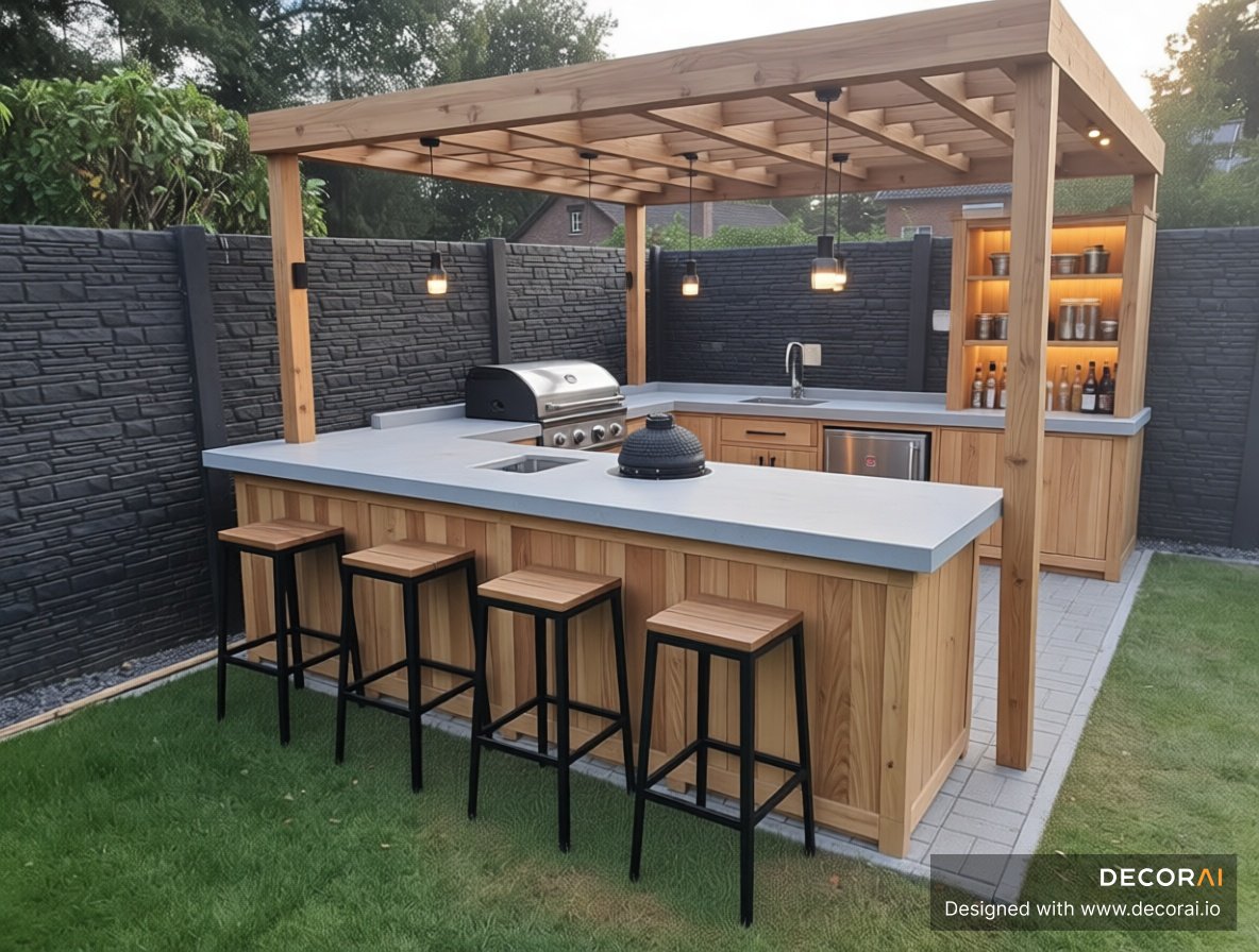 Scandinavian outdoor kitchen with pergola, oak cabinetry, and outdoor bar seating