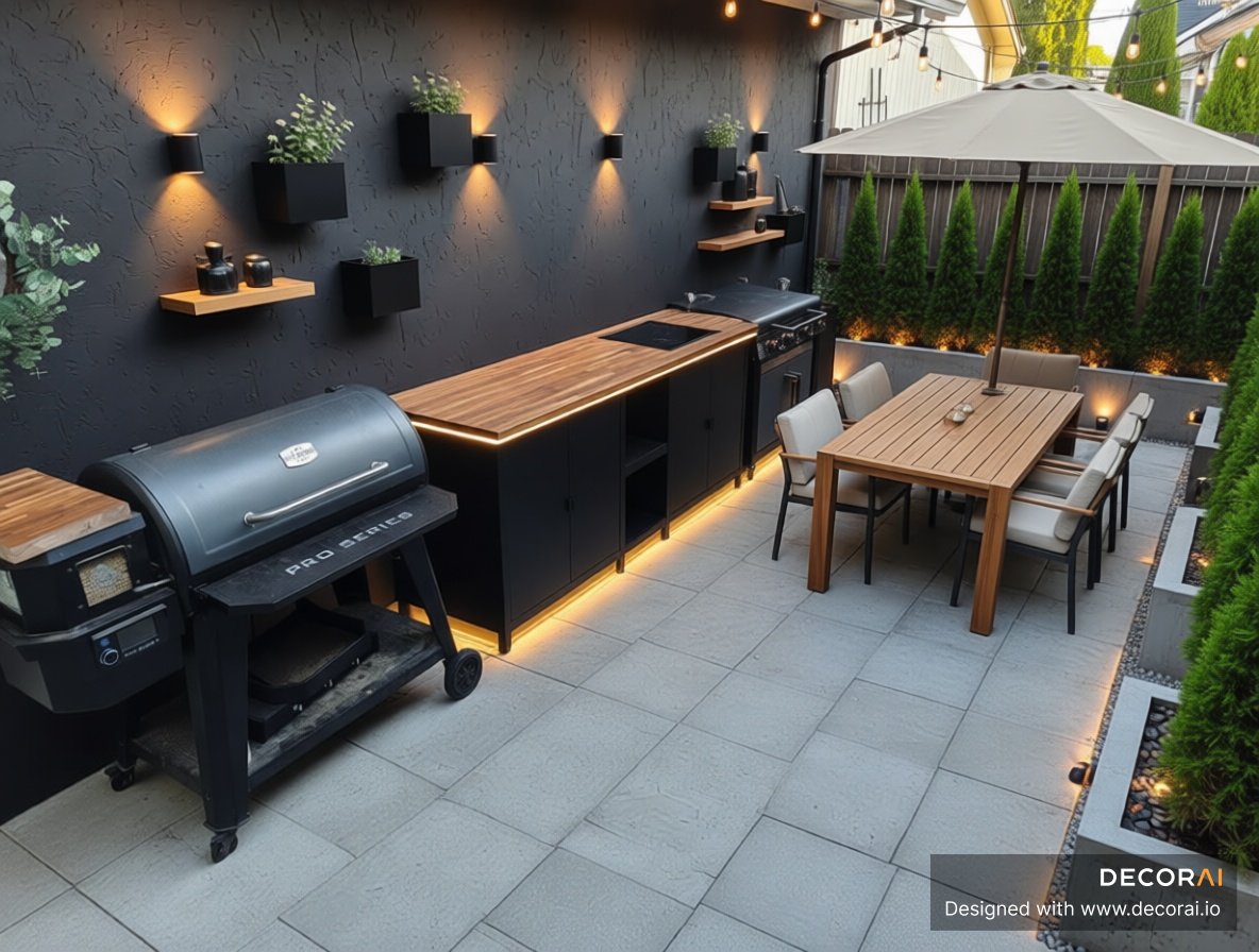 Industrial outdoor kitchen with black cabinetry, ambient lighting, and modern outdoor dining area
