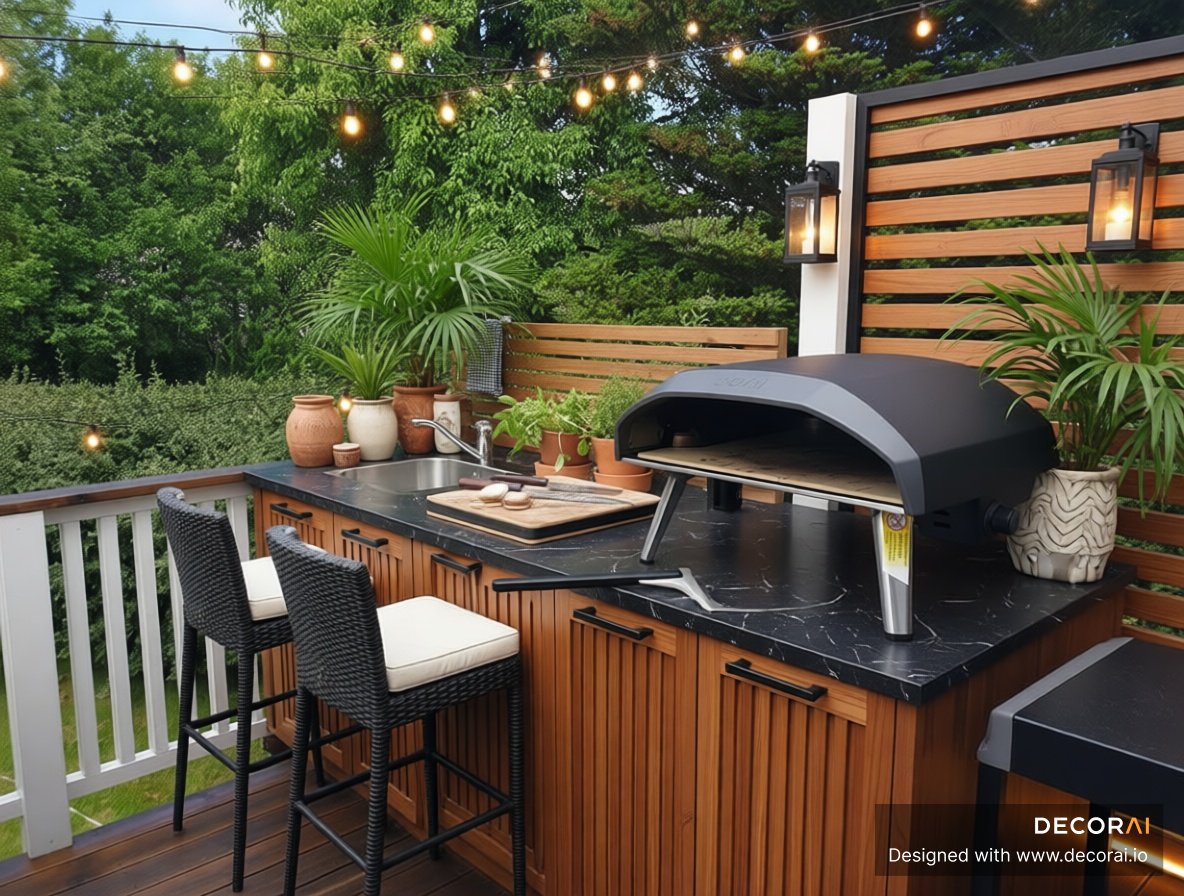 Modern Tropical outdoor kitchen with teak slat cabinetry, black countertops, and ambient string lighting