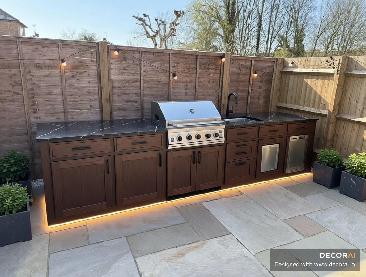 Modern rustic outdoor kitchen with built-in grill, dark countertops, and warm LED lighting.