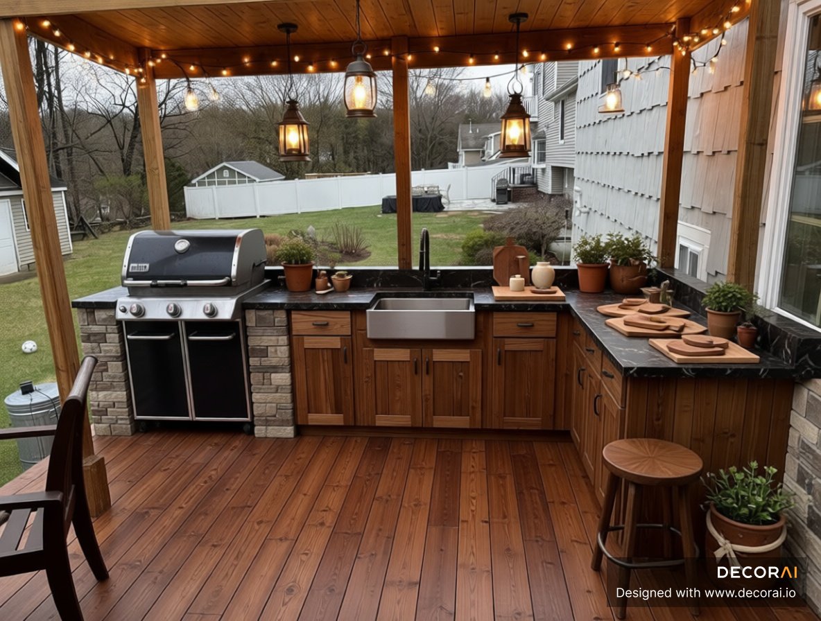 Rustic covered outdoor kitchen with wood cabinetry, farmhouse sink, and warm string lighting