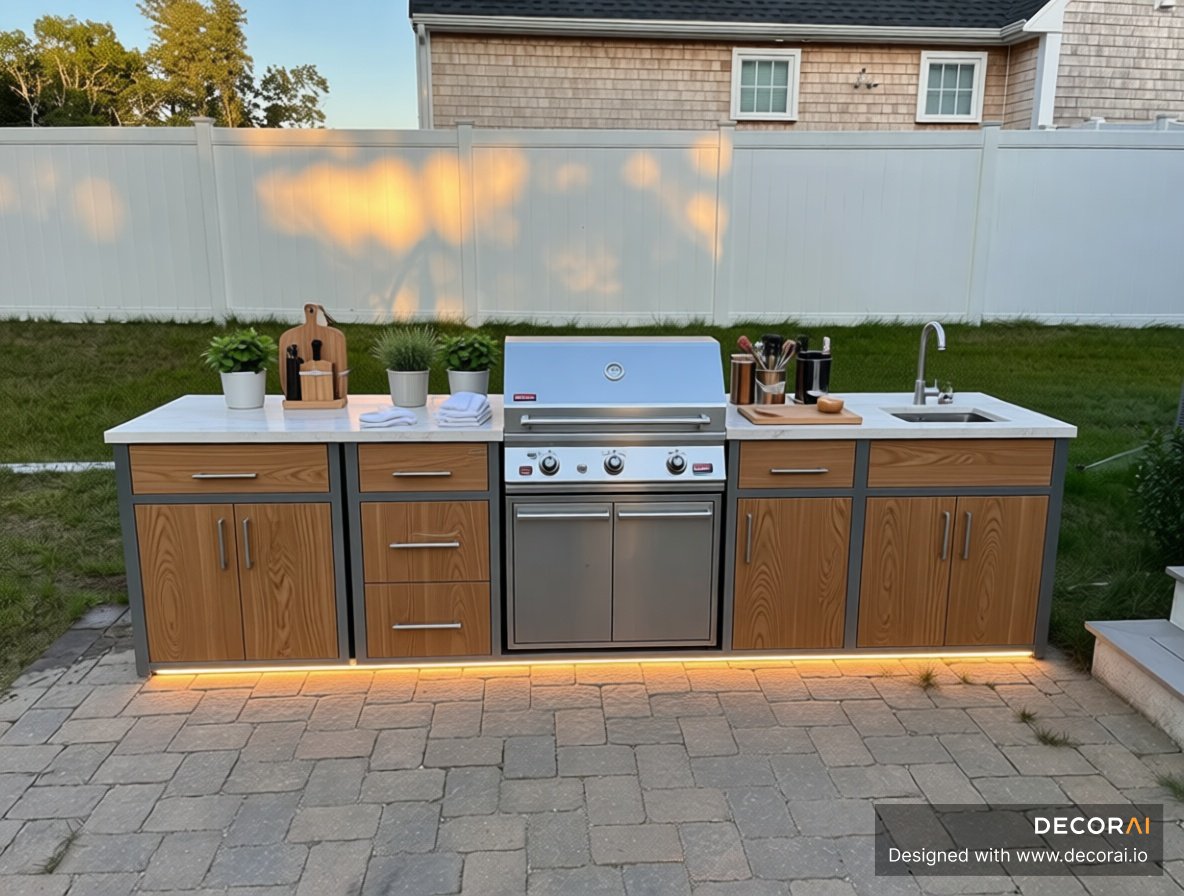 Modern farmhouse outdoor grill station with oak cabinetry, stainless steel grill, and ambient LED lighting.