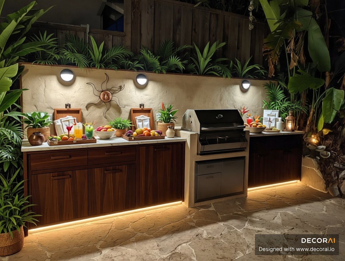 Modern tropical outdoor kitchen with teak cabinetry, tropical plants, and warm LED lighting