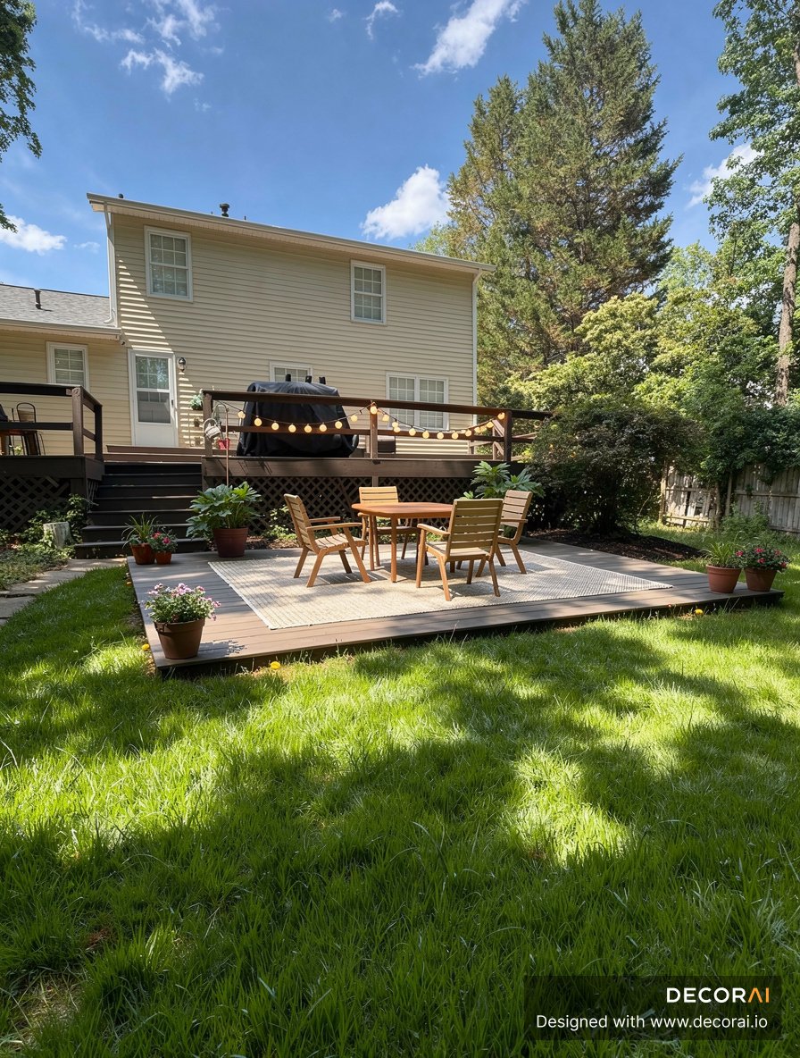 Backyard with floating deck patio, outdoor dining furniture, string lights, and refreshed lawn