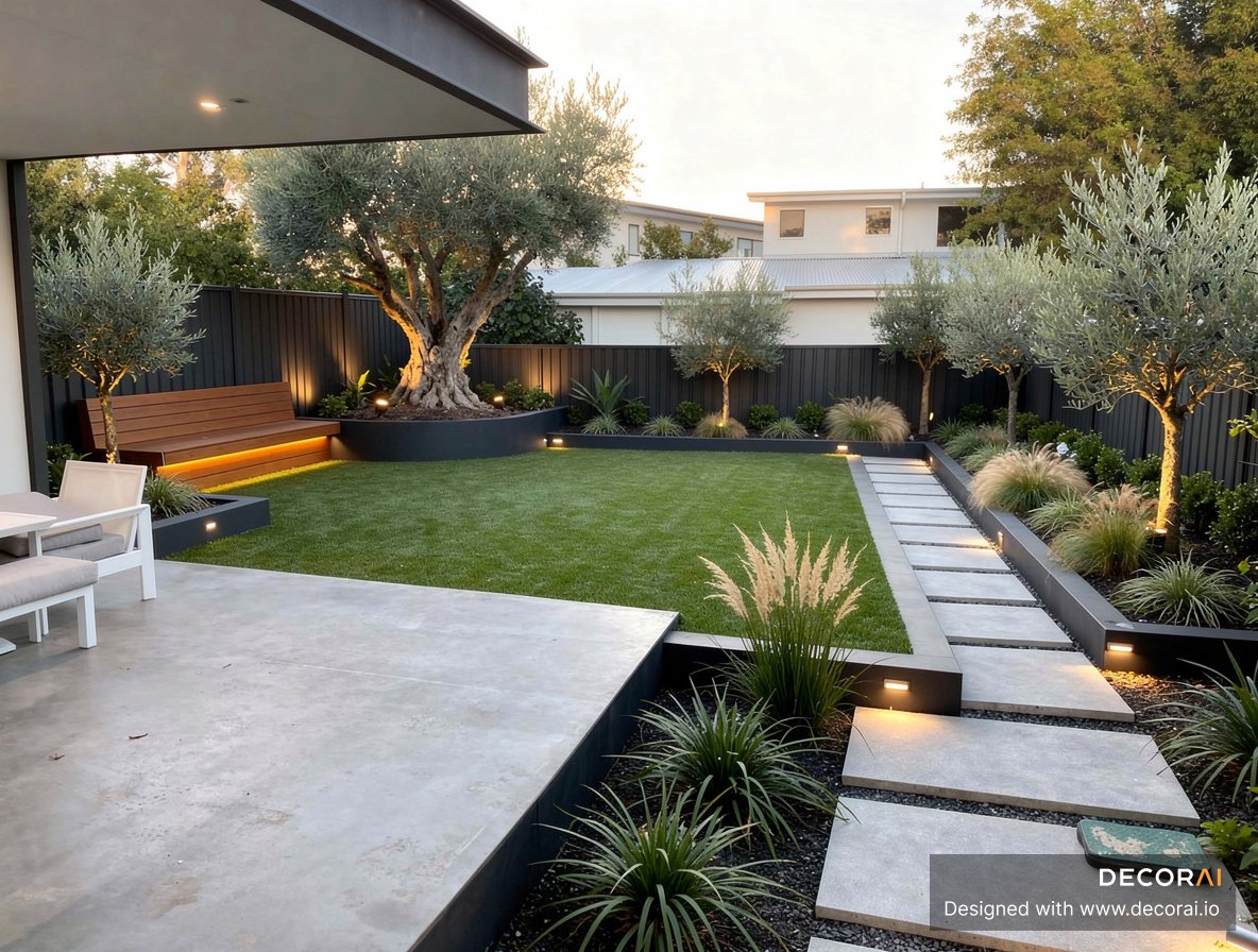 Modern minimalist backyard with green lawn, stepping stone path, olive trees, and ambient landscape lighting