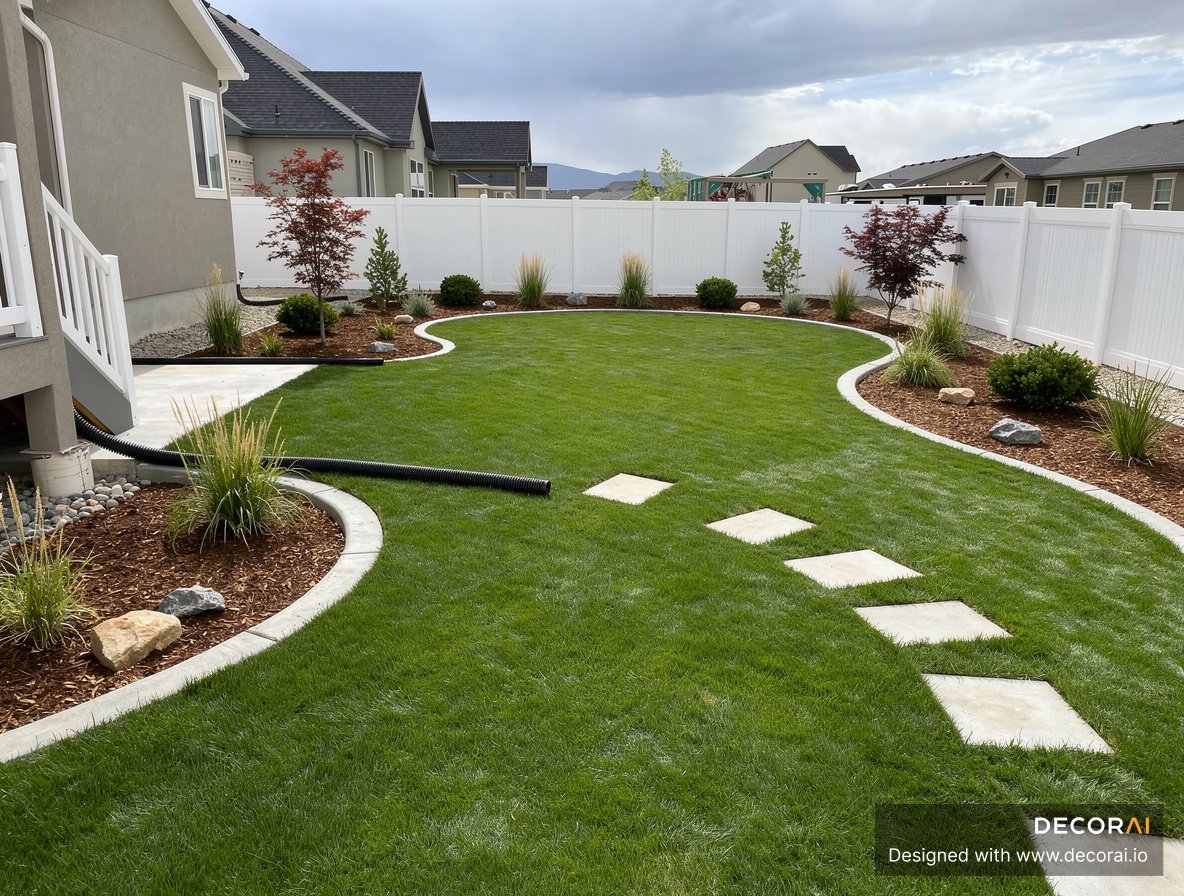 Backyard landscape design with curved lawn, stepping stone path, mulch beds, and simple landscaping
