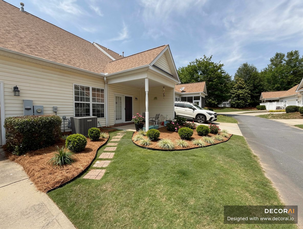 Front yard with curved mulch beds, trimmed shrubs, stepping stones, and fresh lawn edging